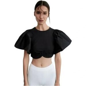 Zara Black Wide Puff Sleeves Cropped Tee Cotton Size Medium